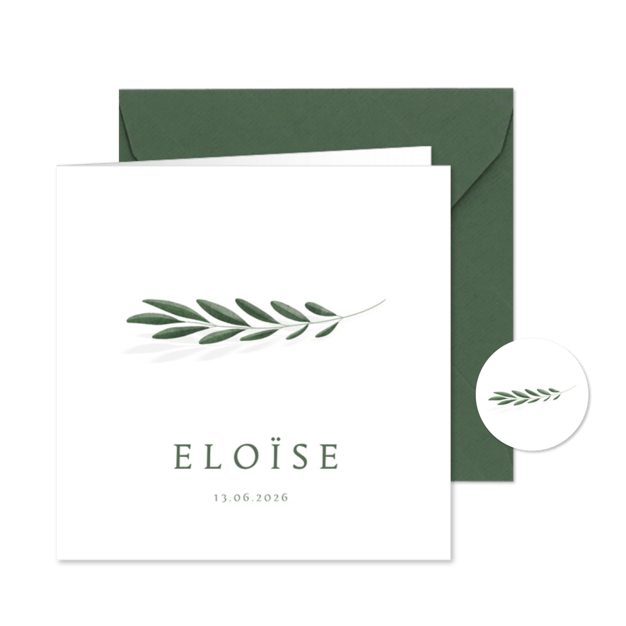 Minimalistisch geboortekaartje olijftakje  - Kaartimpressie