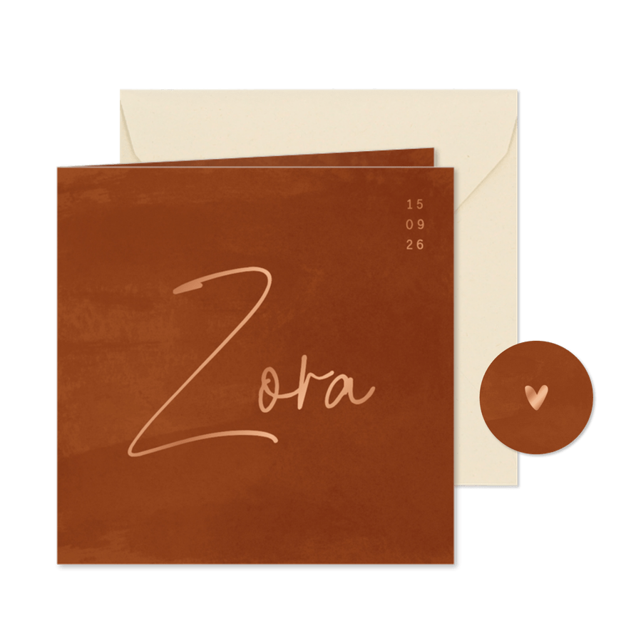 Minimalistisch geboortekaartje roestbruin waterverf - Kaartimpressie