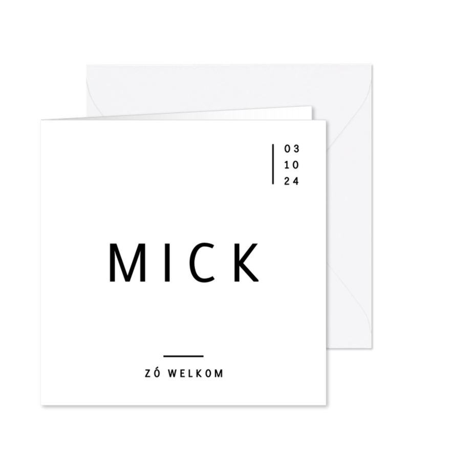 Minimalistisch geboortekaartje strakke typografie zwart wit - Kaartimpressie