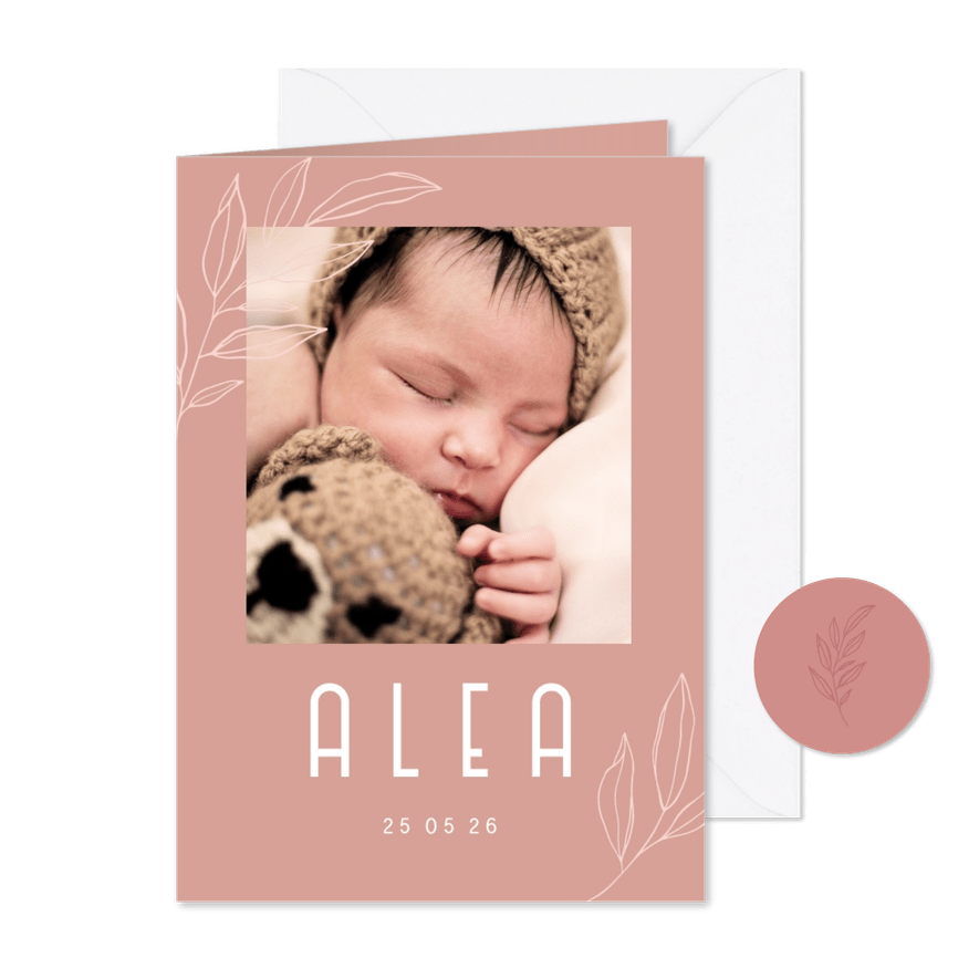 Minimalistisch geboortekaartje takje en grote foto - Kaartimpressie