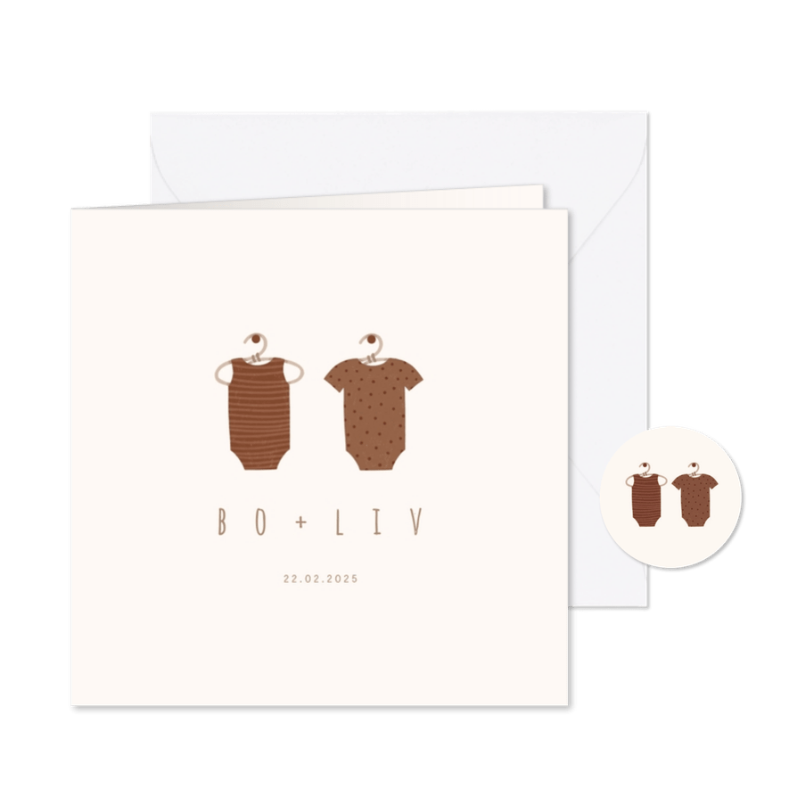 Minimalistisch geboortekaartje tweeling met 2 rompertjes - Kaartimpressie