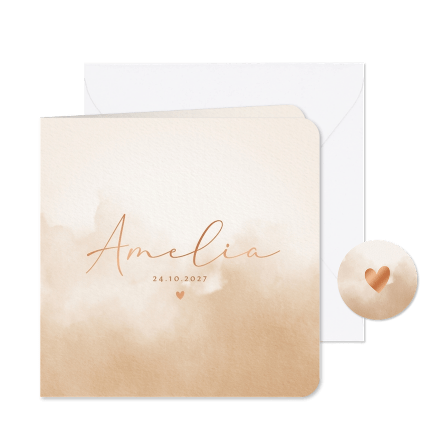 Minimalistisch geboortekaartje waterverf en hartje - Kaartimpressie