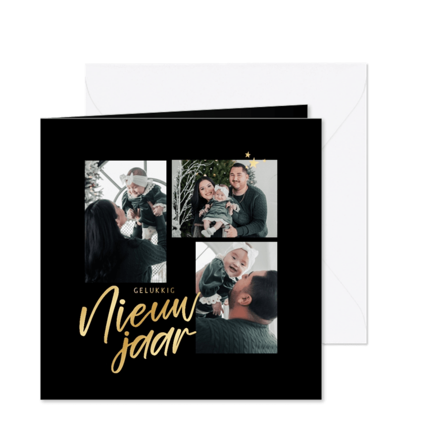 Minimalistisch kerstkaartje gelukkig nieuwjaar zwart foto's - Kaartimpressie