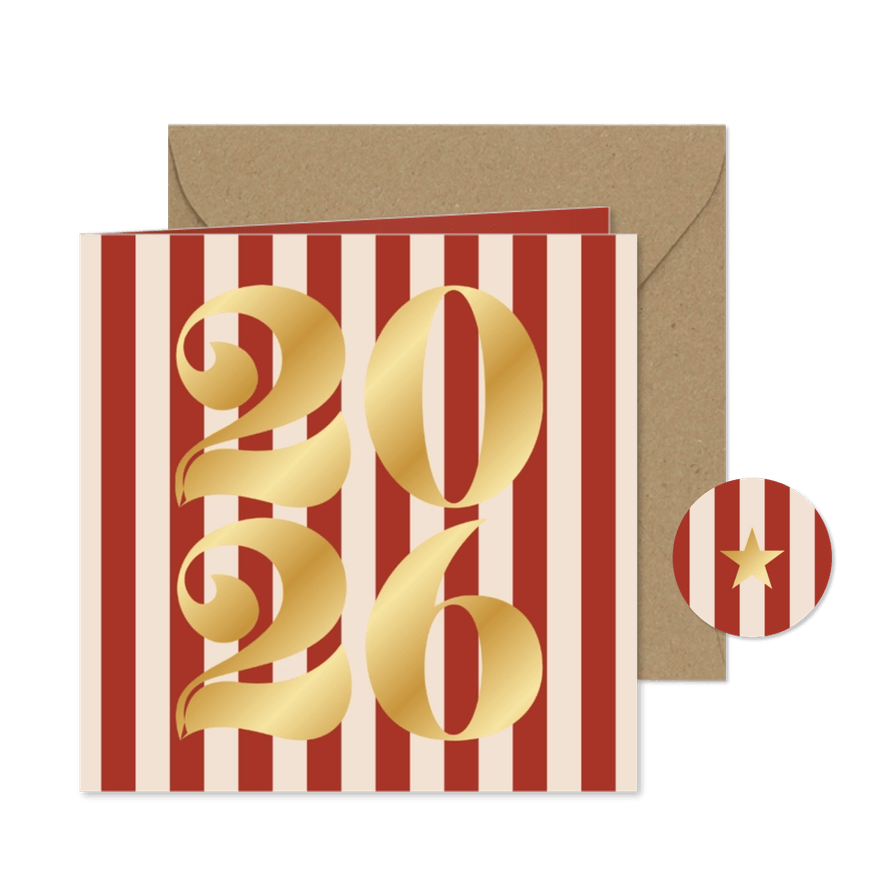Minimalistisch kerstkaartje gestreept 2026 in goud - Kaartimpressie