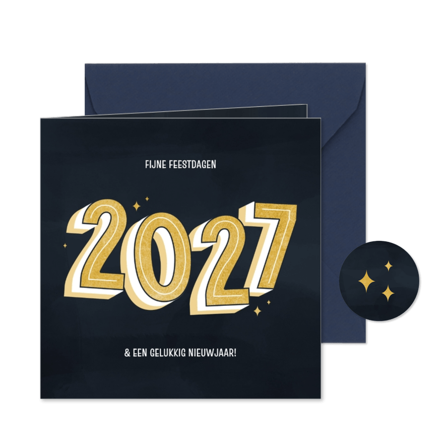 Minimalistisch kerstkaartje groot jaartal goud donkerblauw - Kaartimpressie