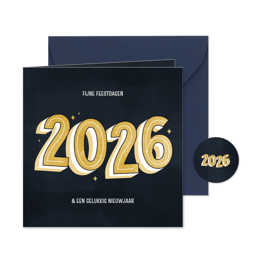 Minimalistisch kerstkaartje groot jaartal goud donkerblauw - Kaartimpressie