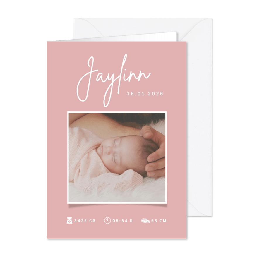 Minimalistisch roze geboortekaartje meisje met foto en naam - Kaartimpressie
