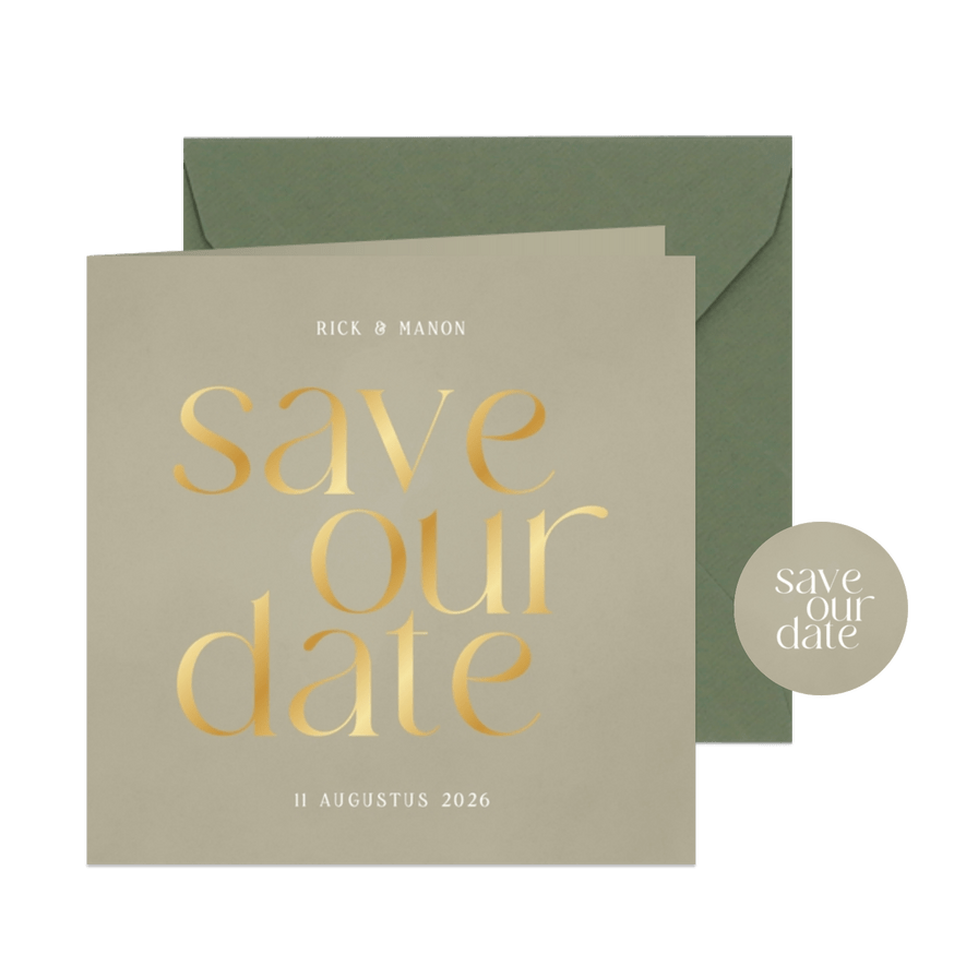 Minimalistisch save the date kaartje groen typografisch - Kaartimpressie