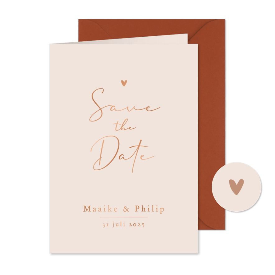 Minimalistisch save the date trouwkaart hartje koper - Kaartimpressie