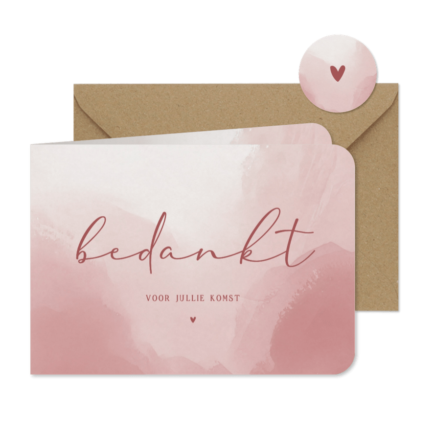 Minimalistische bedankkaart bruiloft met oudroze waterverf - Kaartimpressie