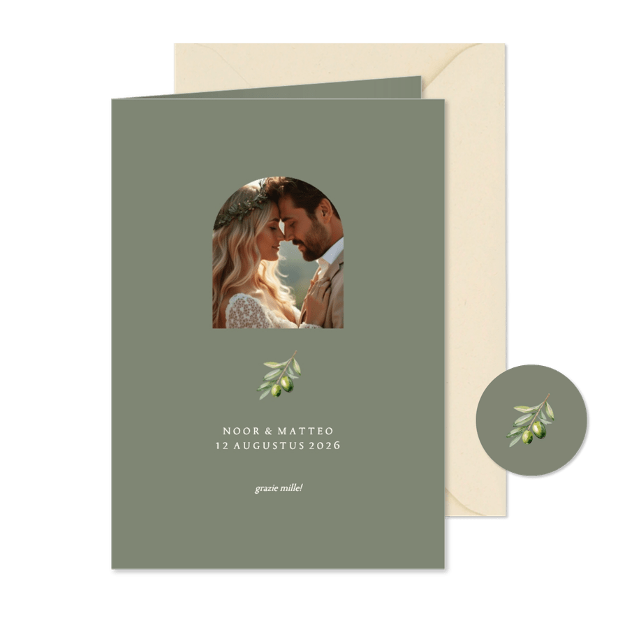 Minimalistische bedankkaart groen met olijftakje - Kaartimpressie
