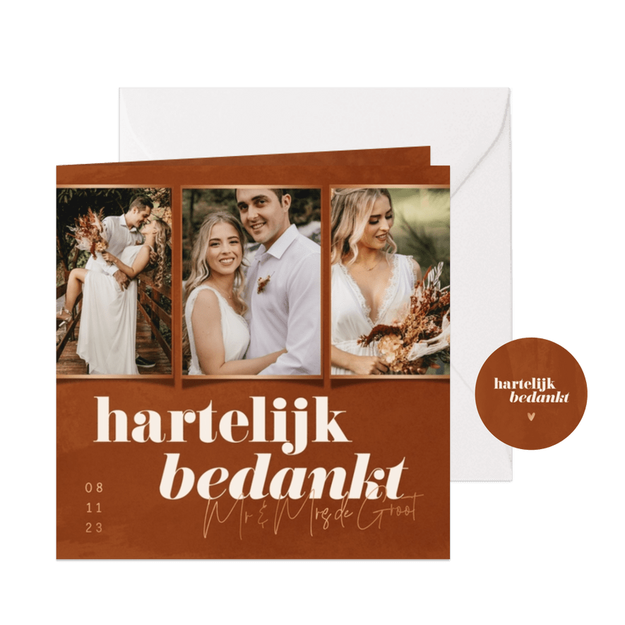 Minimalistische bedankkaartje huwelijk roestbruin waterverf - Kaartimpressie