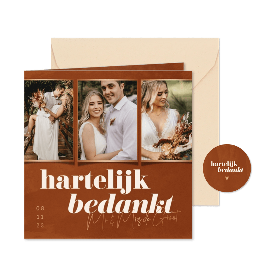 Minimalistische bedankkaartje huwelijk roestbruin waterverf - Kaartimpressie