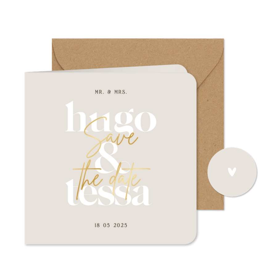 Minimalistische beige save the date met grote datum goud - Kaartimpressie