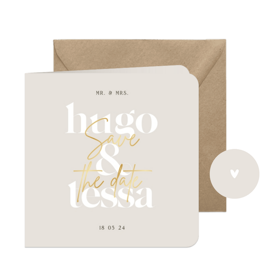 Minimalistische beige save the date met grote datum goud - Kaartimpressie