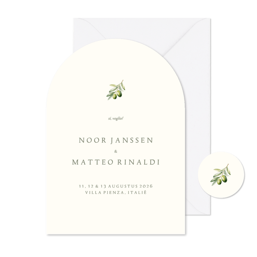 Minimalistische boog trouwkaart beige met olijftakje - Kaartimpressie