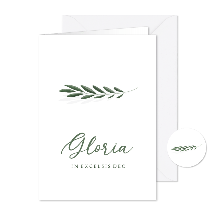 Minimalistische Christelijke kerstkaart Gloria met olijftak - Kaartimpressie