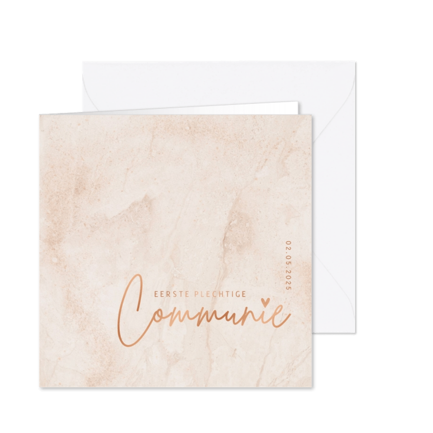 Minimalistische communiekaart met koper foliedruk marmer - Kaartimpressie