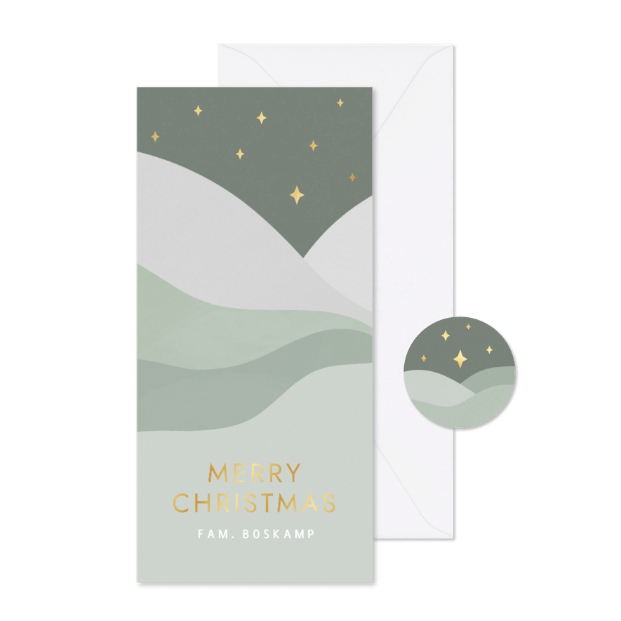 Minimalistische groene kerstkaart met landschap en sterren - Kaartimpressie