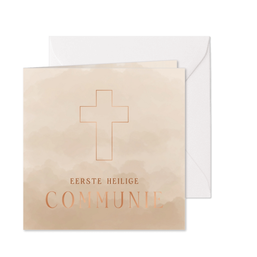 Minimalistische kaartje communie beige met koperfolie kruis - Kaartimpressie