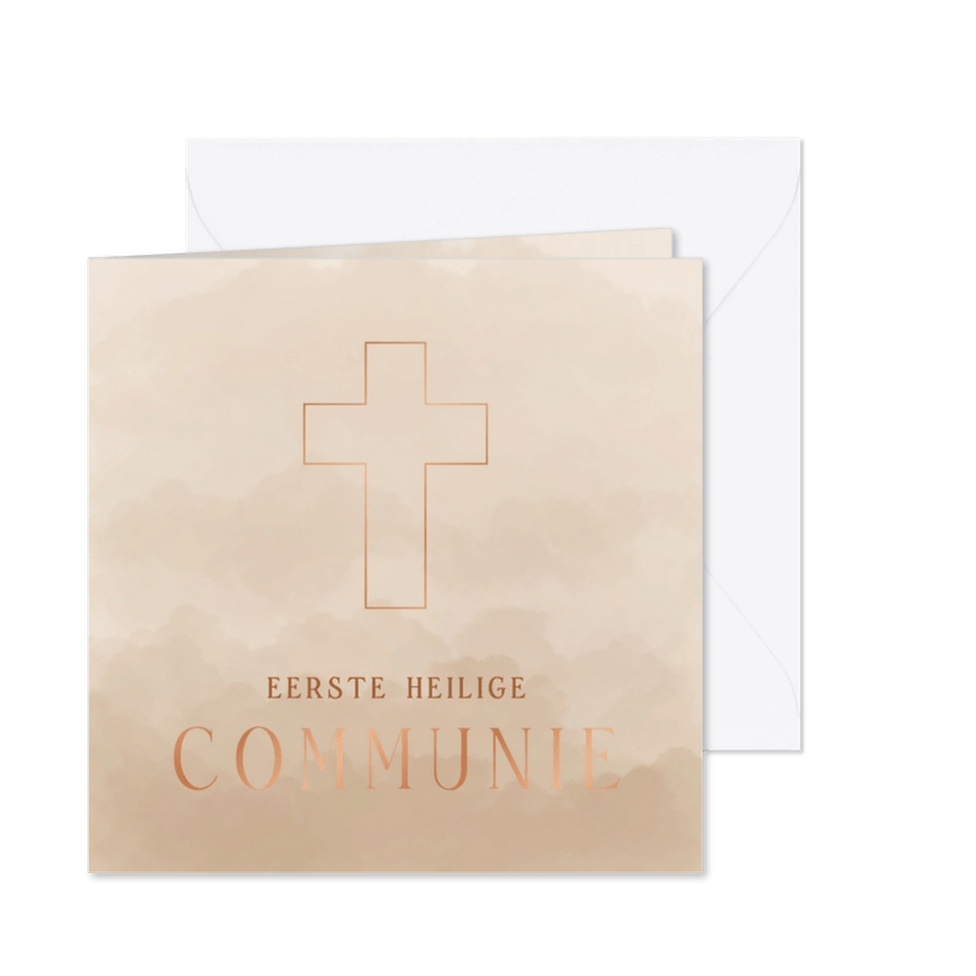 Minimalistische kaartje communie beige met koperfolie kruis - Kaartimpressie