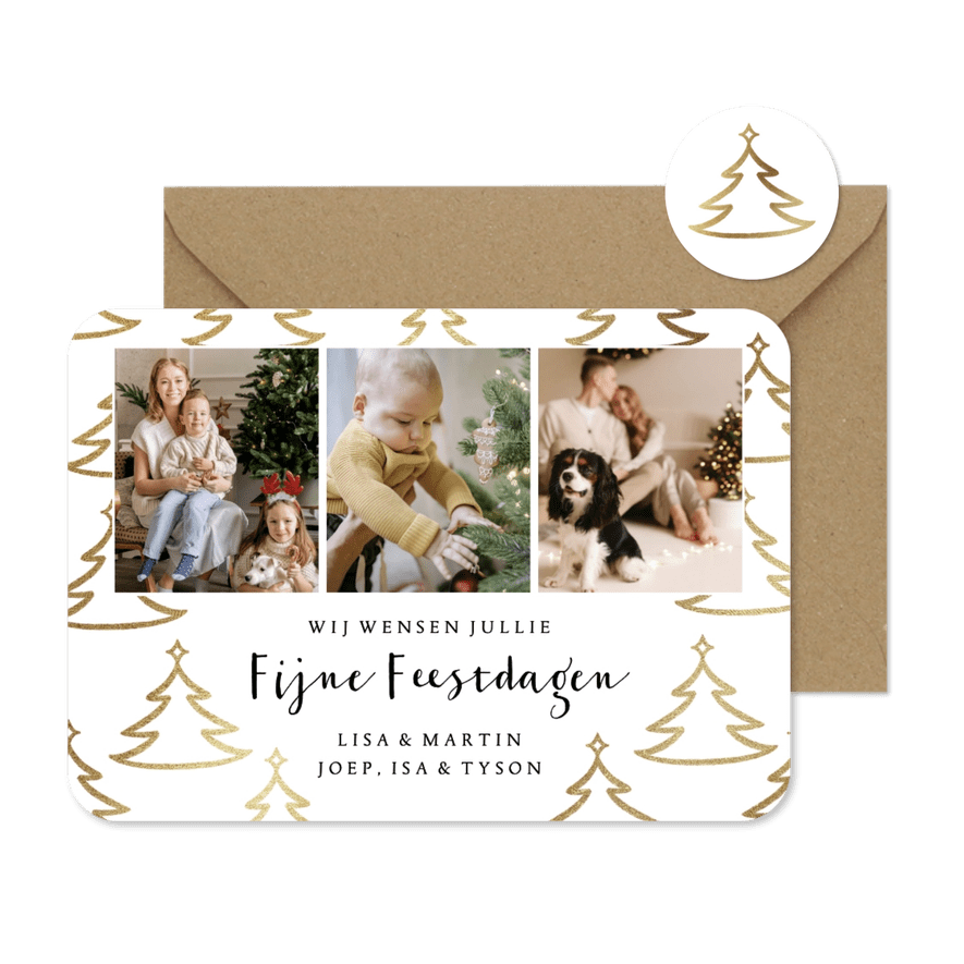 Minimalistische kerstkaart fotocollage kerstbomen goudlook - Kaartimpressie