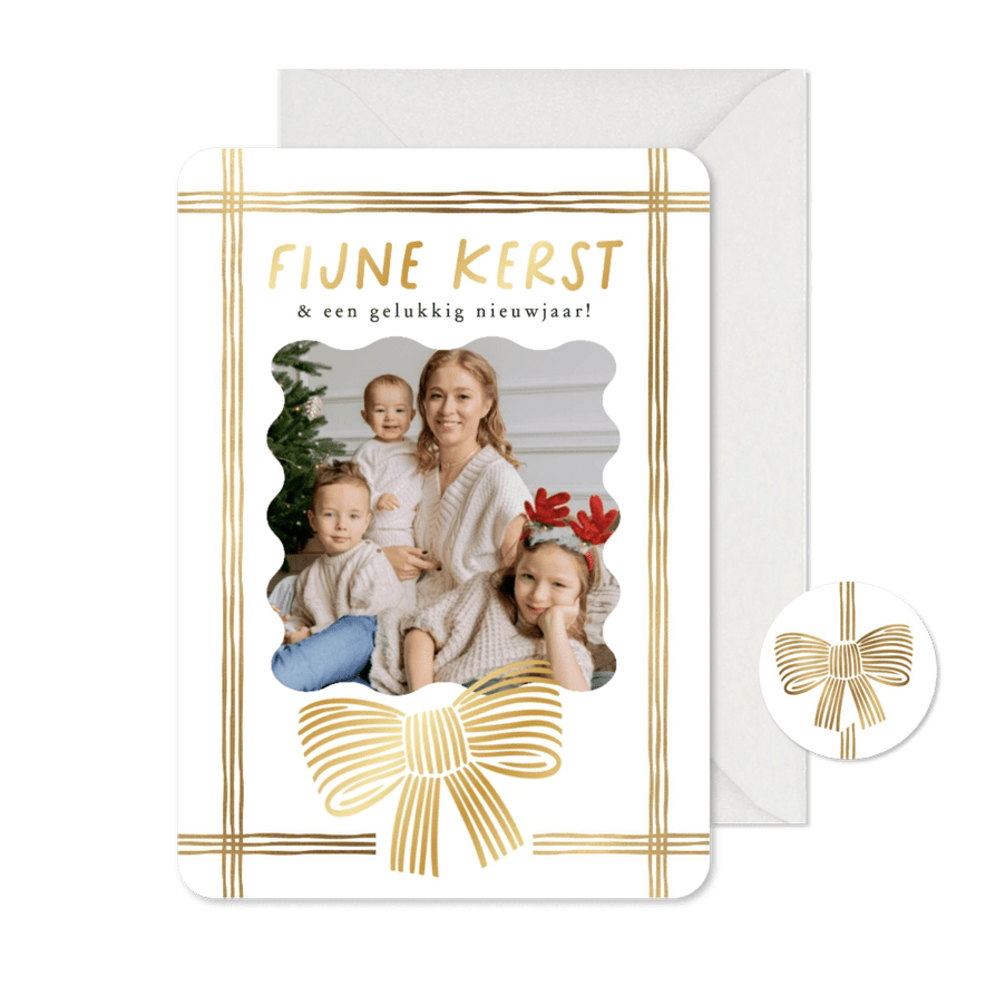 Minimalistische kerstkaart lint strik lijntekening goud foto - Kaartimpressie