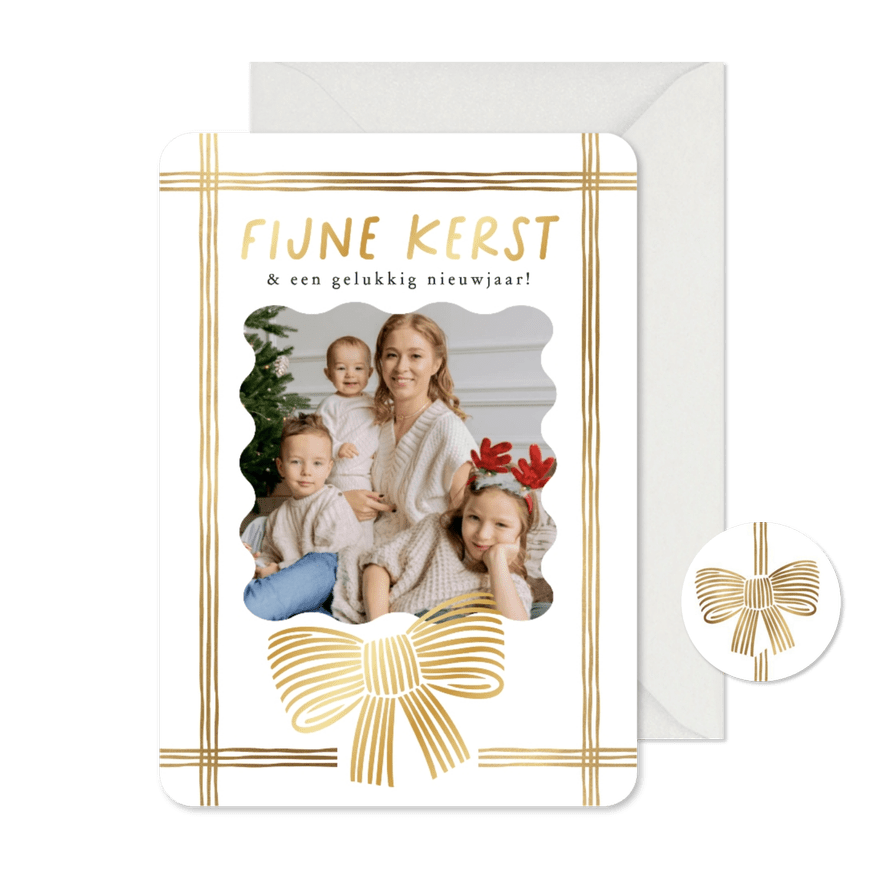 Minimalistische kerstkaart lint strik lijntekening goud foto - Kaartimpressie
