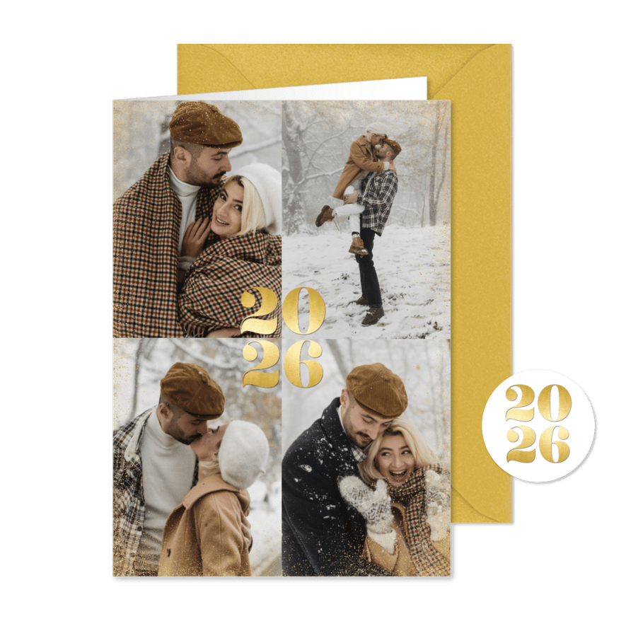 Minimalistische kerstkaart met eigen fotos en gouden 2026 - Kaartimpressie