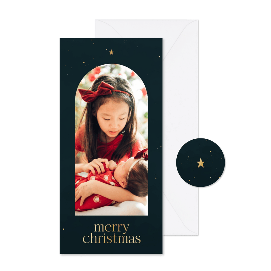 Minimalistische kerstkaart met grote foto en goudlook - Kaartimpressie