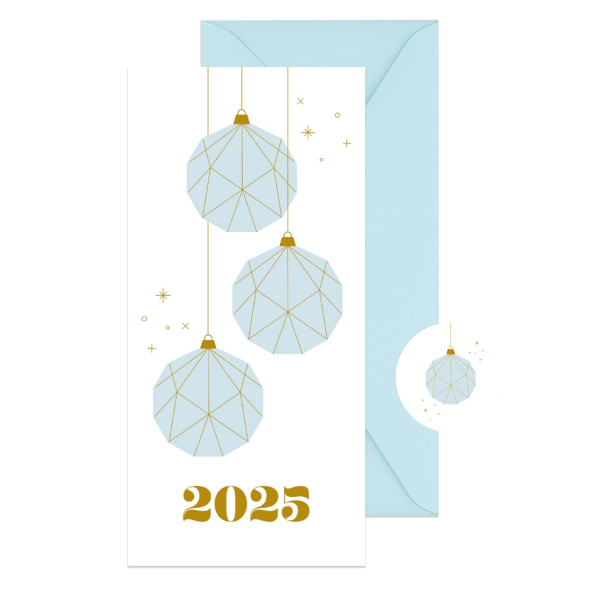 Minimalistische kerstkaart met papieren kerstballen en 2025 - Kaartimpressie