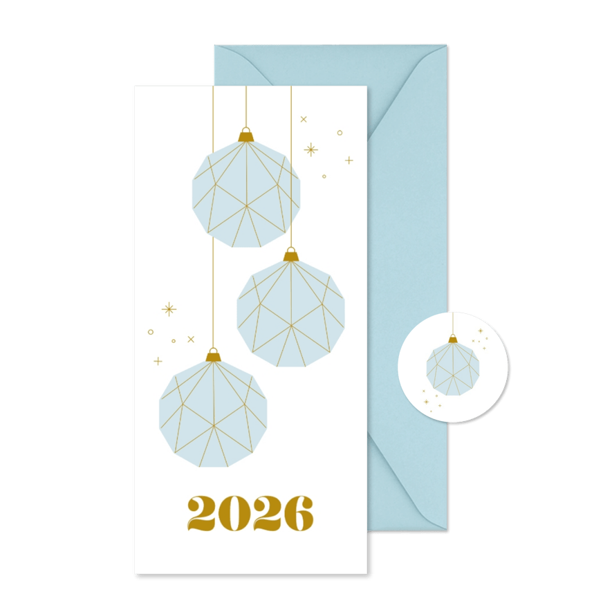 Minimalistische kerstkaart met papieren kerstballen en 2026 - Kaartimpressie