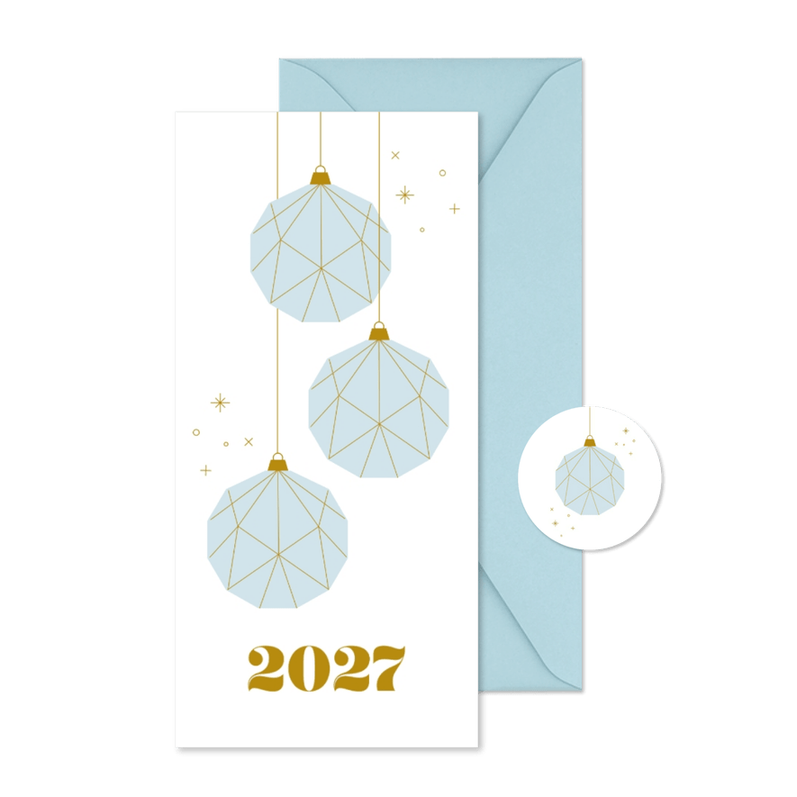 Minimalistische kerstkaart met papieren kerstballen en 2027 - Kaartimpressie