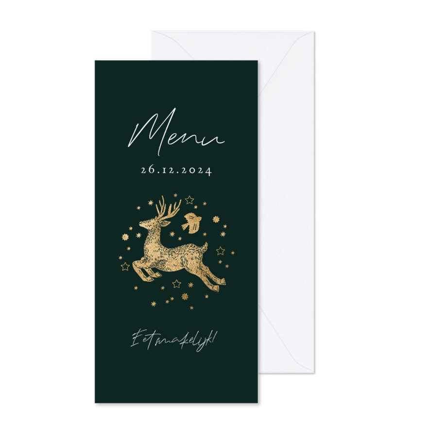 Minimalistische menukaart kerst rendier sterren duif goud - Kaartimpressie