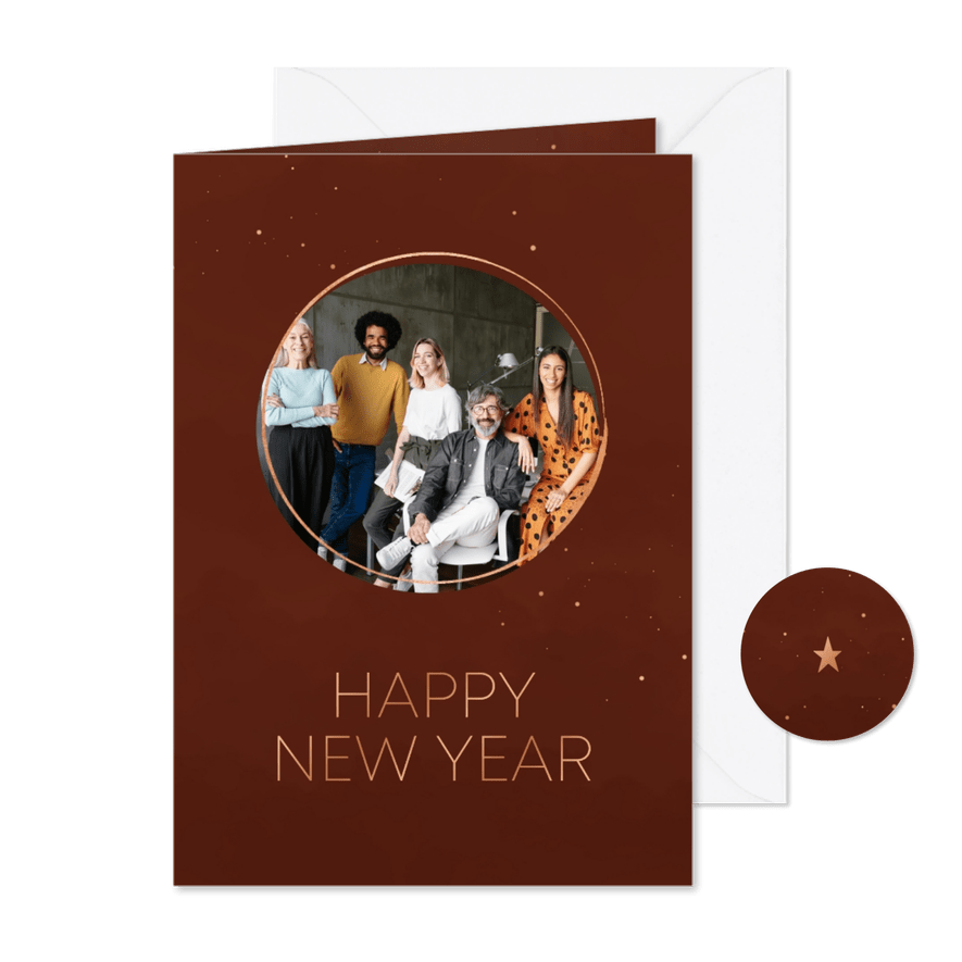 Minimalistische nieuwjaarskaart happy new year koperlook - Kaartimpressie