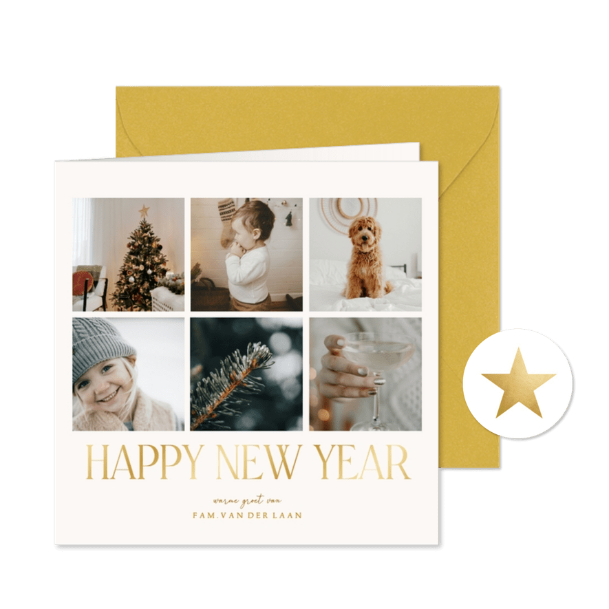 Minimalistische nieuwjaarskaarten fotocollage met goudfolie - Kaartimpressie