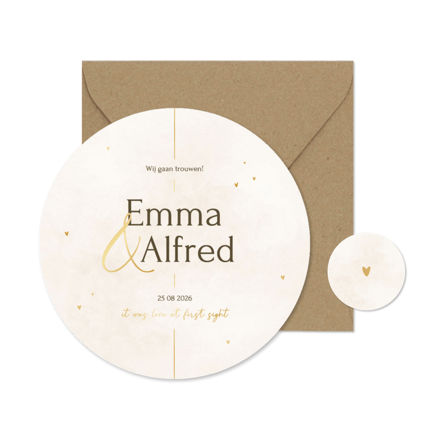 Minimalistische ronde trouwkaart met gouden details - Kaartimpressie