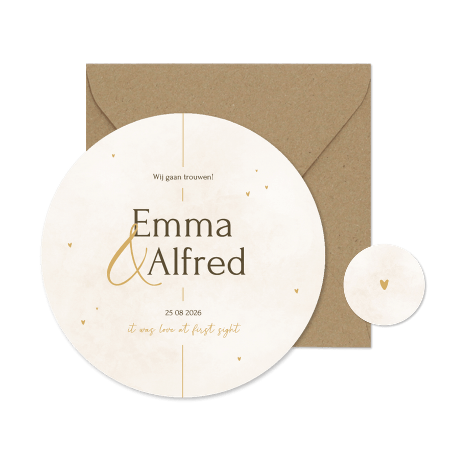 Minimalistische ronde trouwkaart met gouden details - Kaartimpressie