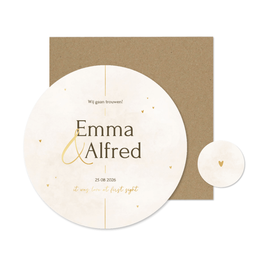 Minimalistische ronde trouwkaart met gouden details - Kaartimpressie