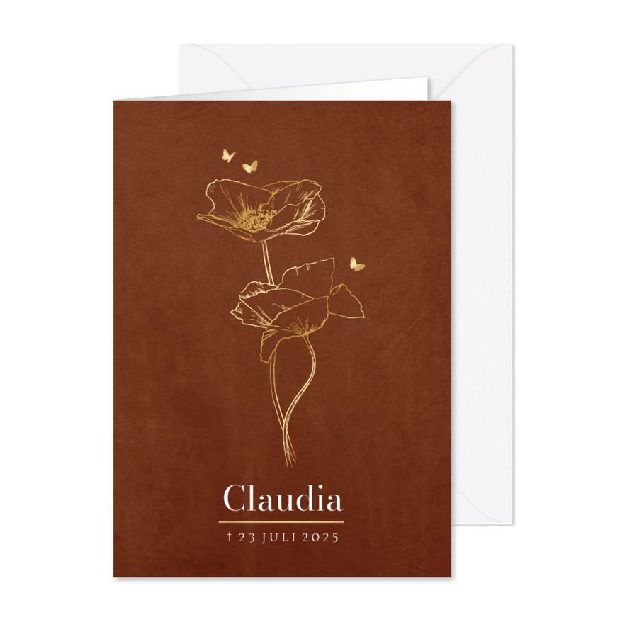 Minimalistische rouwkaart lijnillustratie klaproos vlinders - Kaartimpressie