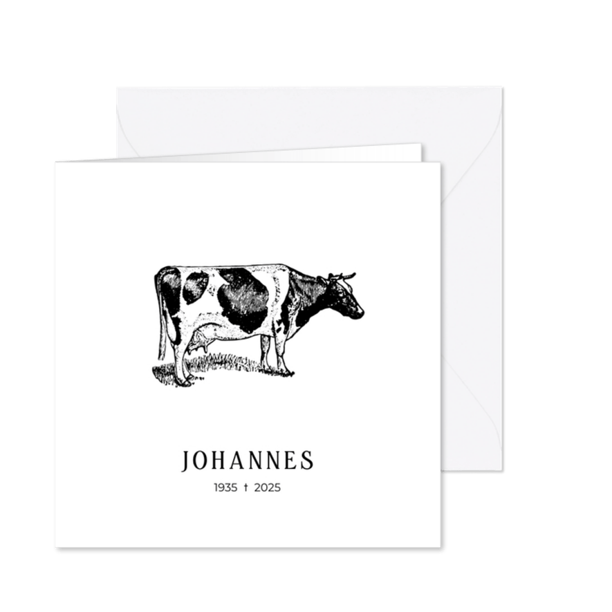 Minimalistische rouwkaart met een illustratie van een koe - Kaartimpressie