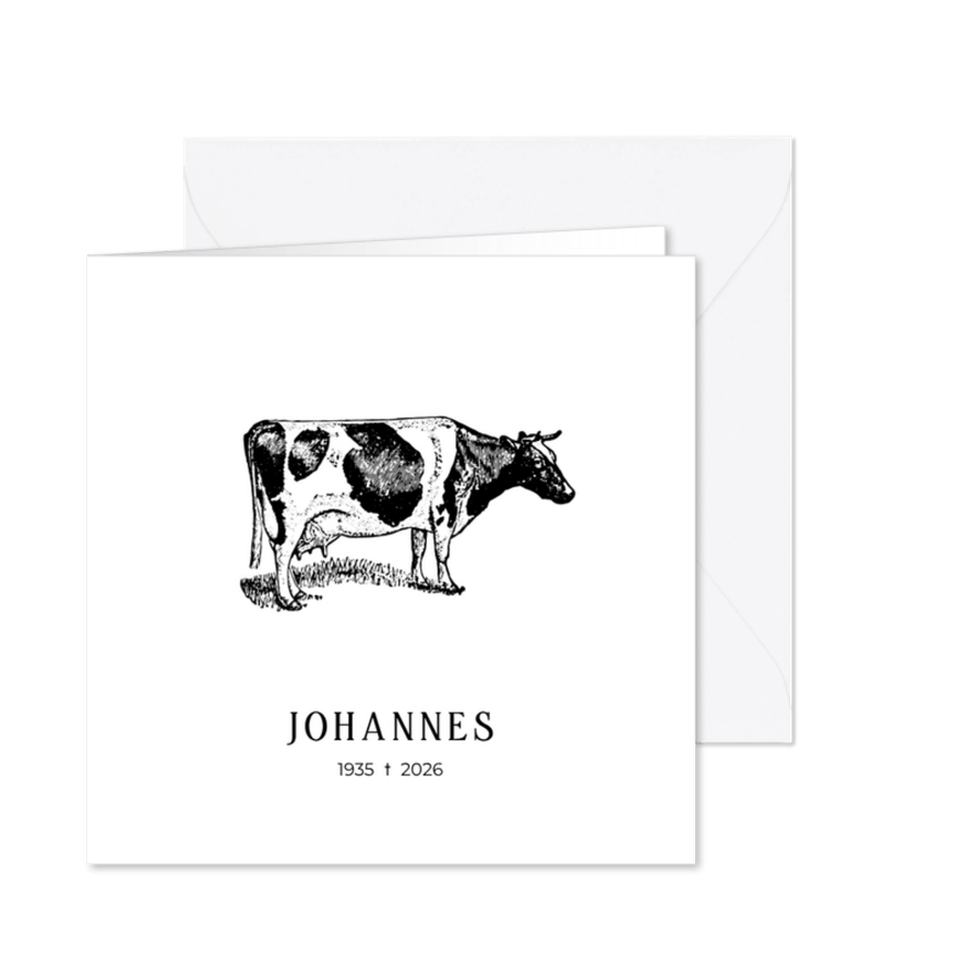 Minimalistische rouwkaart met een illustratie van een koe - Kaartimpressie