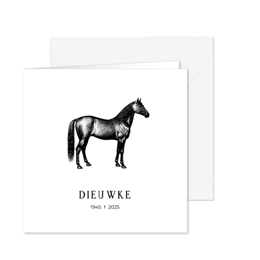 Minimalistische rouwkaart met een illustratie van een paard - Kaartimpressie