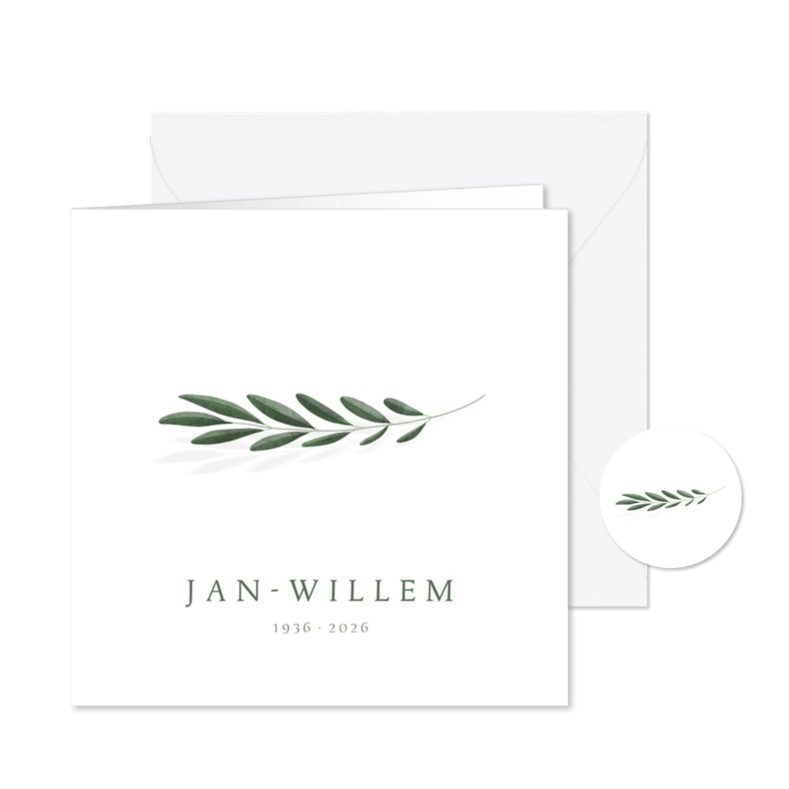 Minimalistische rouwkaart met groen olijftakje - Kaartimpressie