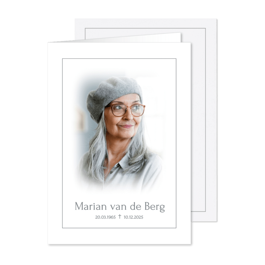 Minimalistische rouwkaart met kader en grote foto - Kaartimpressie