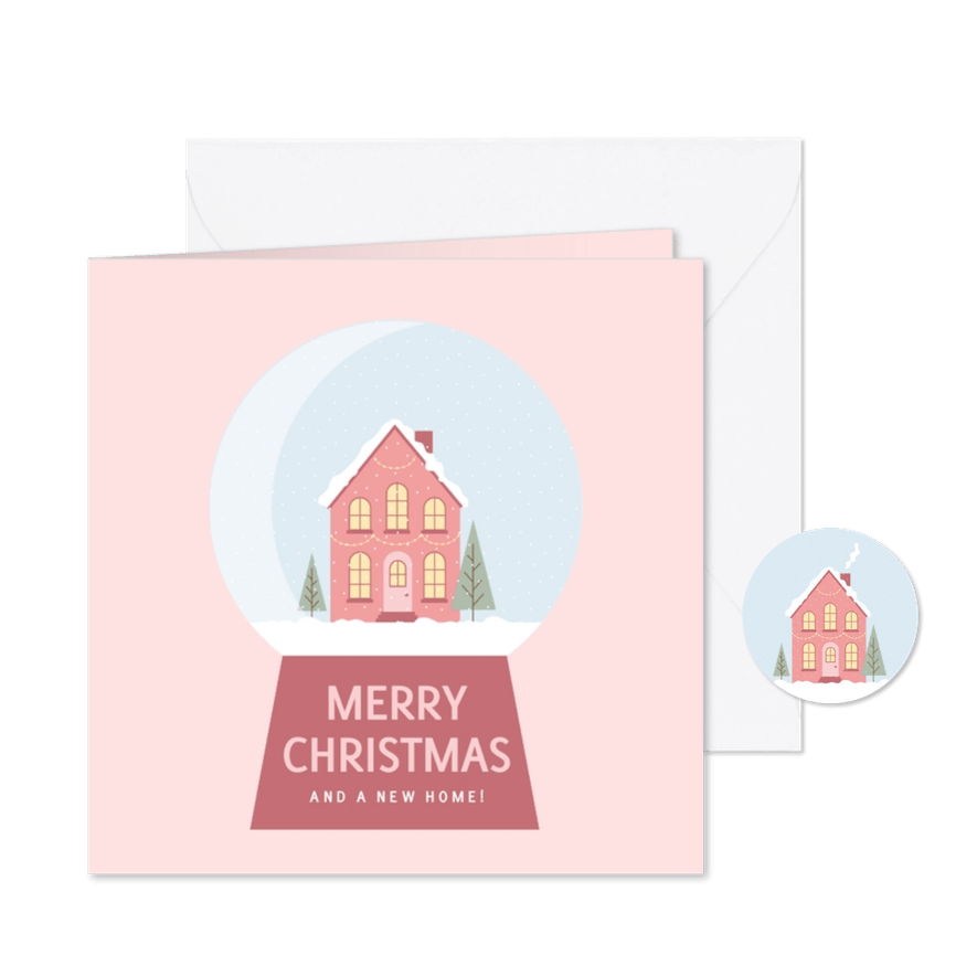 Minimalistische roze kerstkaart met sneeuwbol - Kaartimpressie