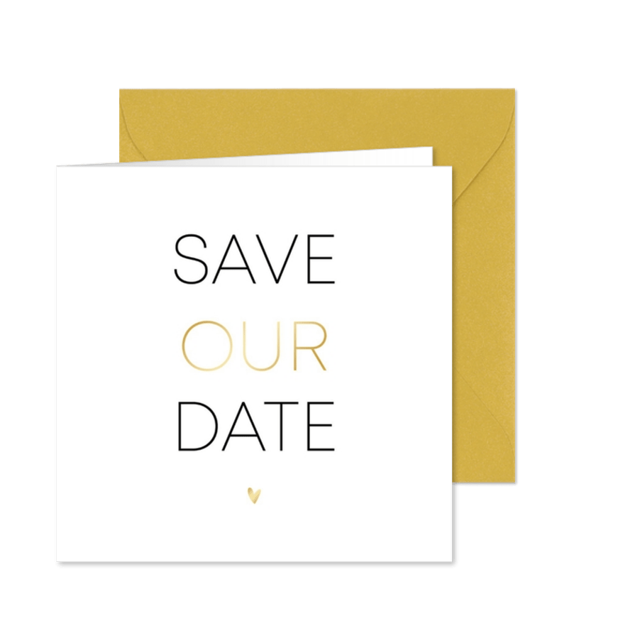 Minimalistische save our date met goudlook hartje - Kaartimpressie