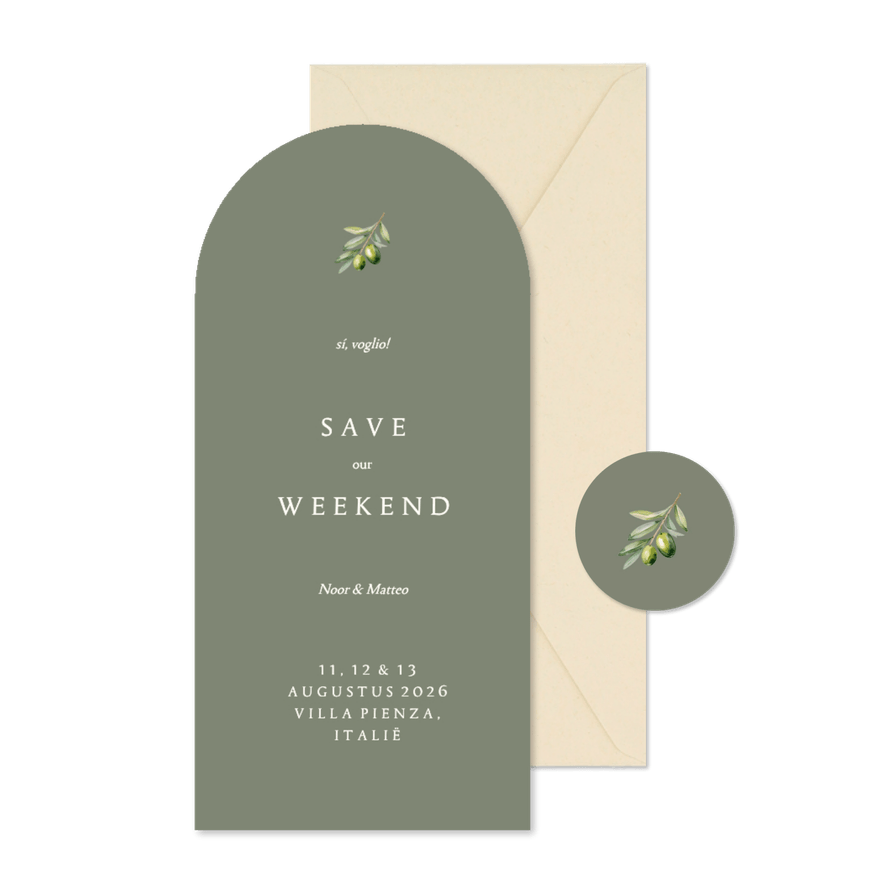 Minimalistische save the date boogvorm groen met olijftakje - Kaartimpressie