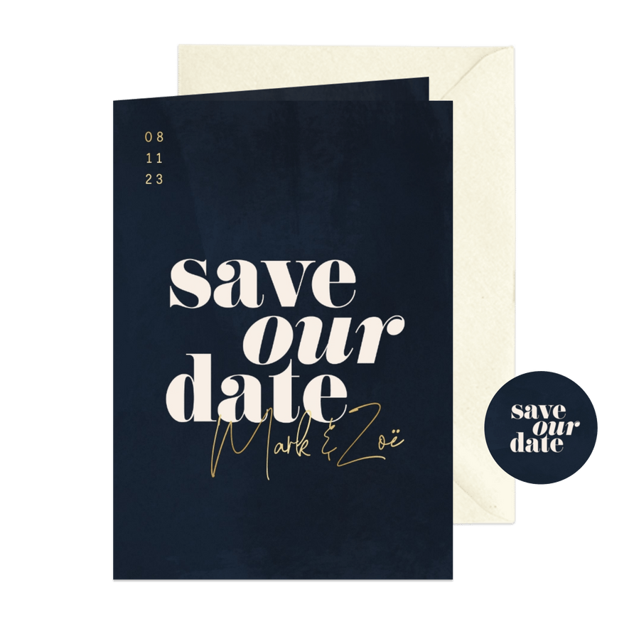 Minimalistische save the date donkerblauw met waterverf - Kaartimpressie