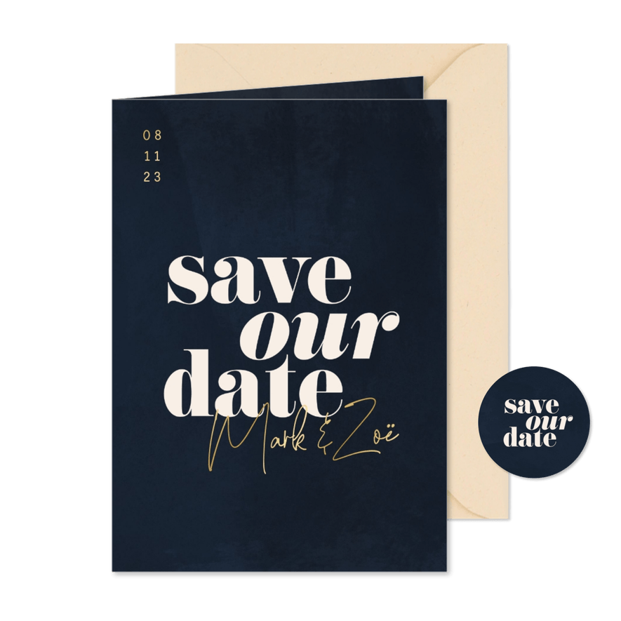 Minimalistische save the date donkerblauw met waterverf - Kaartimpressie